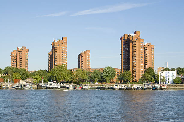 View across the River Thames towards the World's End public housing development in Chelsea, London.