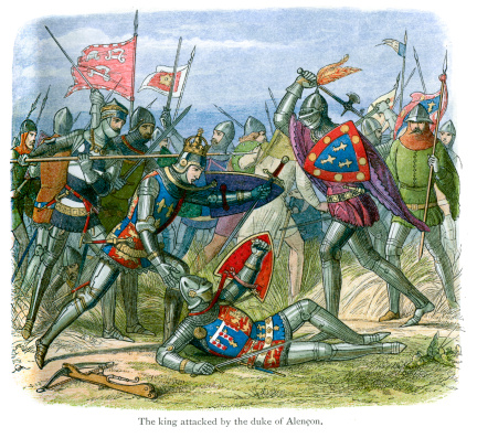 Vintage colour lithograph from 1864 showing King Henry V being attacked by The Duke of Alencon at the Battle of Agincourt on the 25 October 1415.  Agincourt was a major English victory against a numerically superior French army in the Hundred Years' War.