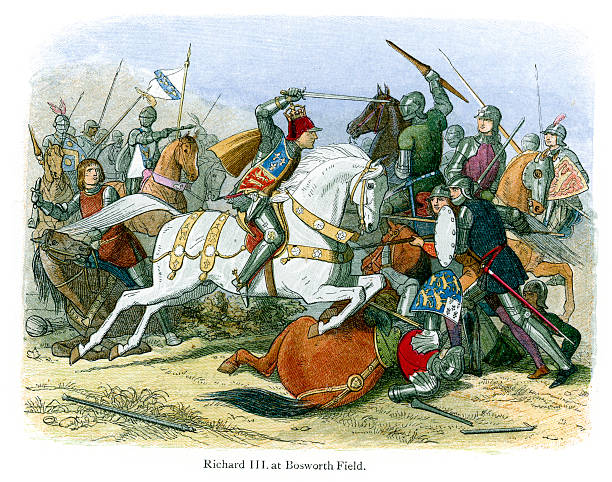 King Richard III at the Battle of Bosworth Field  battlefield photos stock illustrations