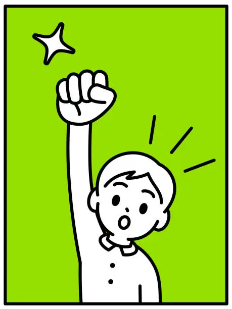Vector illustration of A boy raises his right fist, looking at the viewer, minimalist style, black and white outline