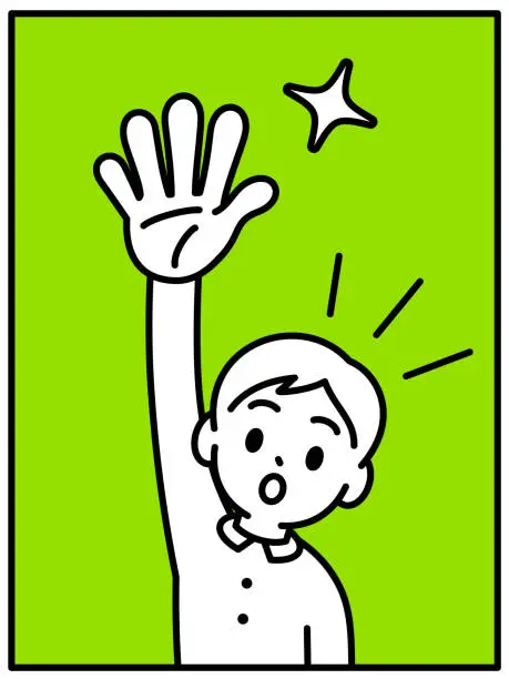 Vector illustration of A boy raises his right hand, being a volunteer or asking a question, looking at the viewer, minimalist style, black and white outline