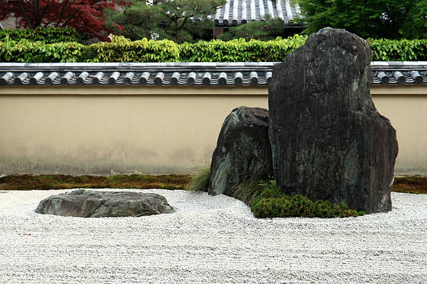 Japanese rock garden in Kaiserslautern or dry garden or karesansui with geometric shapes on gravel