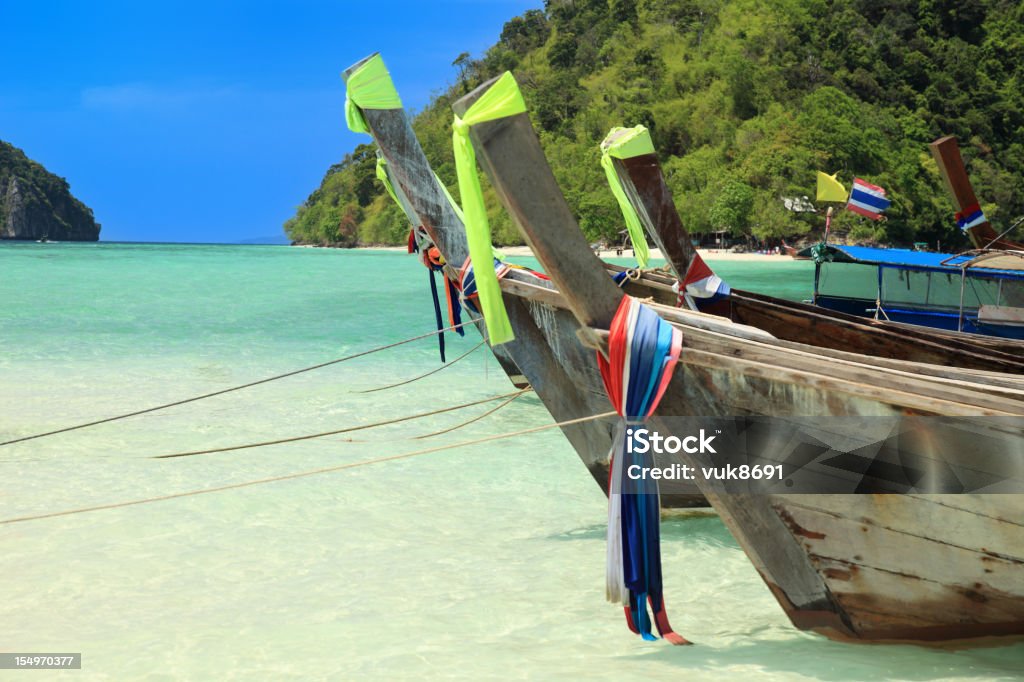 Coda lunga in legno Imbarcazioni ormeggiate sulla spiaggia - Foto stock royalty-free di Acqua