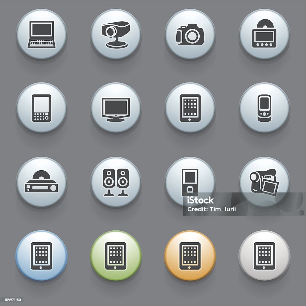 Dispositivi elettronici con pulsanti di icone di colore su sfondo grigio. - arte vettoriale royalty-free di Blu