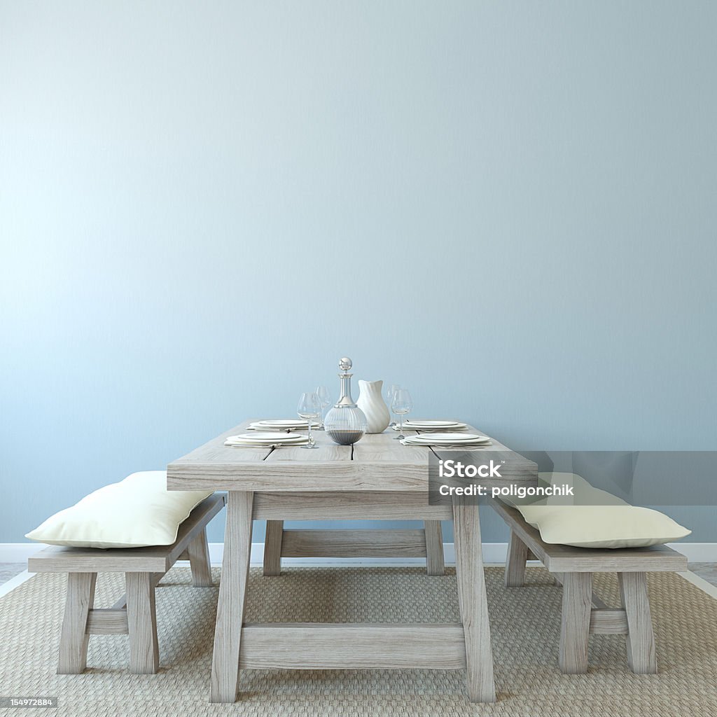 Old style wooden table dining room Dining-room interior. Country style. 3d render. Dining Room Stock Photo