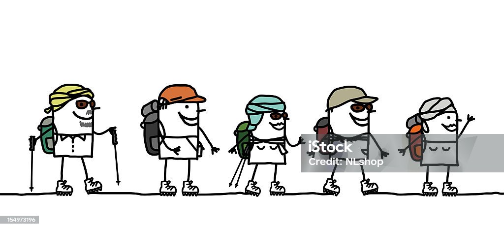 hiking group in the desert vector hand drawn characters line  - trek & group Hiking Boot stock vector