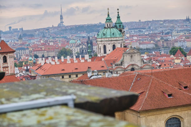 Top view to red roofs skyline old town square in Prague, Czech Republic, view from above stock photo