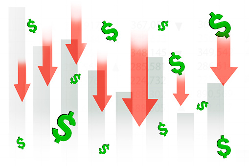 Downward red arrows with 3d dollar signs