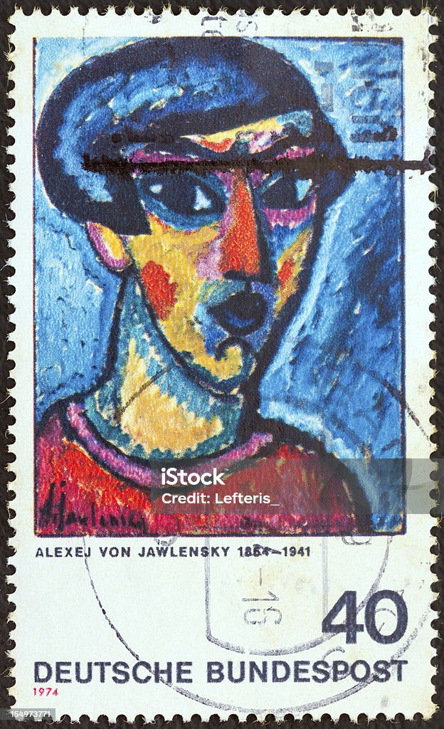 German stamp shows "Portrait in Blue" (Alexej von Jawlensky) (1974) GERMANY - CIRCA 1974: A stamp printed in Germany from the "German Expressionist Paintings" issue shows "Portrait in Blue" (Alexej von Jawlensky) Germany Stock Photo