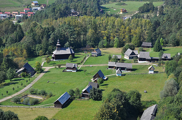 aerial photo of open-air museum (slovak: skanzen) of historic houses in Stara Lubovna, Slovakia.