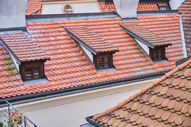 Old red tile roof with windows in city Prague stock photo