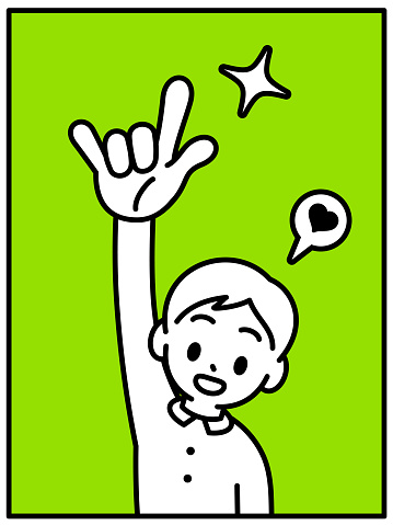 Minimalist Style Characters Designs Vector Art Illustration.
A boy raises his right hand and gestures the sign for I Love You, looking at the viewer, minimalist style, black and white outline.