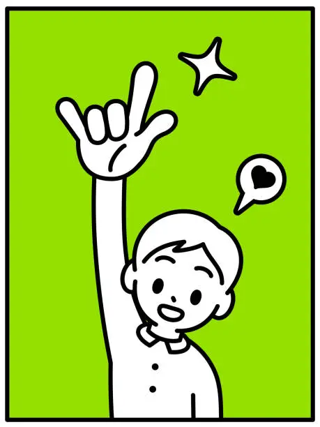 Vector illustration of A boy raises his right hand and gestures the sign for I Love You, looking at the viewer, minimalist style, black and white outline