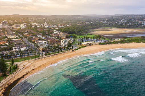 Panoramic drone aerial view over Dee Why beach and Dee Why lagoon, Northern Beaches Sydney NSW Australia