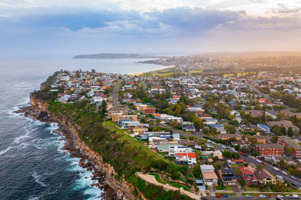 Panoramic drone aerial view over Northern Beaches Sydney NSW Australia Panoramic drone aerial view over Northern Beaches Sydney NSW Australia sydney skyline sunset stock pictures, royalty-free photos & images