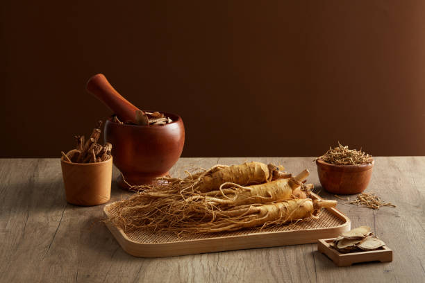 TRADITIONAL MEDICINE Ginseng roots and medicine herbs on wooden tray decorated with wooden mortar and pestle on brown background. Herbal for the preparation of a tonic drink. Photography traditional medicine content ginseng stock pictures, royalty-free photos & images