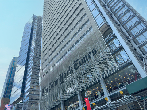 New York City NY, USA - June 10 2023: Wide angle view of New York Times building in Manhattan, New York.