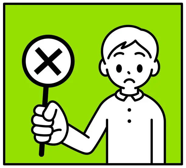 Vector illustration of A boy is holding up a sign with a cross symbol that means 