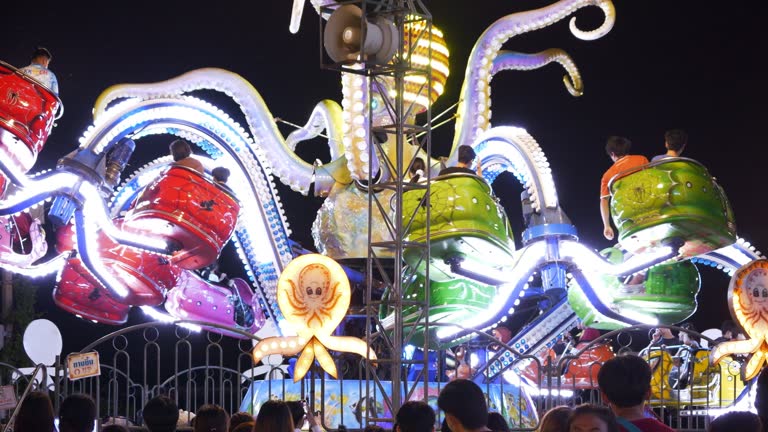 Crowds of people come to the amusement park festival where they are lit up beautifully at night.