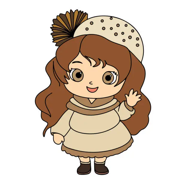 Vector illustration of Cute cartoon girl in vintage retro dress.