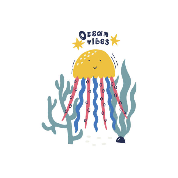 illustrazioni stock, clip art, cartoni animati e icone di tendenza di medusa animale marino disegnata a mano carina - water plant coral sea jellyfish