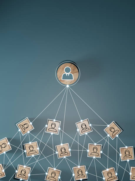 istock Wooden cube block print screen person icon which link connection network for organisation structure social network and teamwork concept. 1549856433