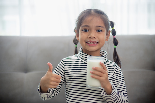 A close up of young Caucasian kid is at the farm in front of the barn with a glass of milk in her hand and copy space, looking at the camera.