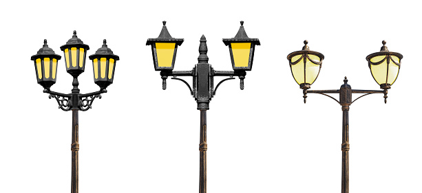 Collection set vintage lamp pole isolated on white background with clipping path