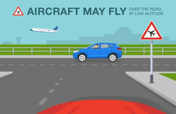 Vector illustration of Safety car driving rules. Low-flying airplane traffic or road sign meaning. Aircraft may fly over the road at low altitude.