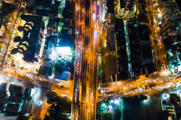 istock Night traffic 3 angle junction road with car light 1549920853