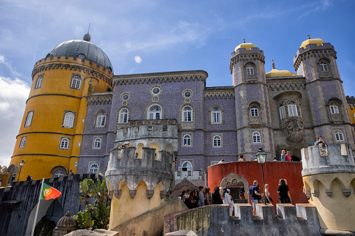 Sintra, Portugal - Pena National Palace on a summer afternoon. This is a very popular spot for tourists.