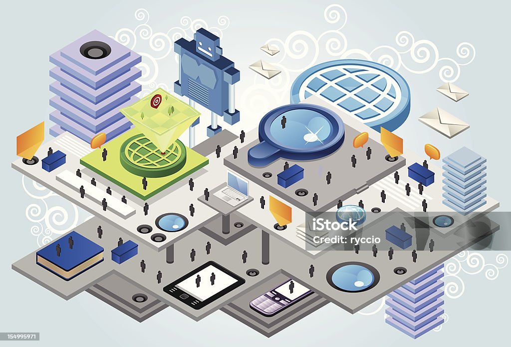 Busy fantasy research center An isometric research center or school, with many floors. Full of people and icons of world, magnifier, book and email. A lot of devices as ebook reader, tablet, phone and computer included. Need some isometric characters and elements compatible with this illustration? Check out here. City stock vector