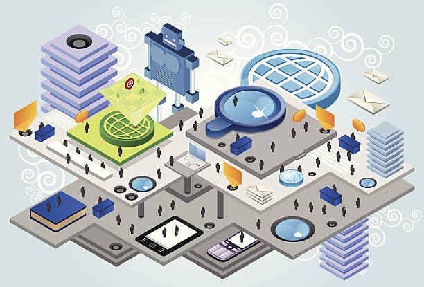 Busy fantasy research center An isometric research center or school, with many floors. Full of people and icons of world, magnifier, book and email. A lot of devices as ebook reader, tablet, phone and computer included. Need some isometric characters and elements compatible with this illustration? Check out here. research facility exterior stock illustrations