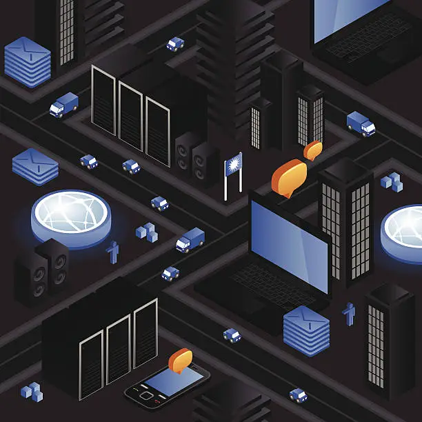 Vector illustration of Isometric black hardware city