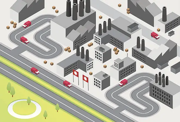 Vector illustration of Factory complex with road and truck