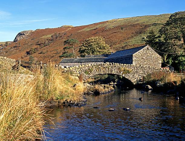 stone bridge sopra fiume, lake district, inghilterra. - watendlath foto e immagini stock