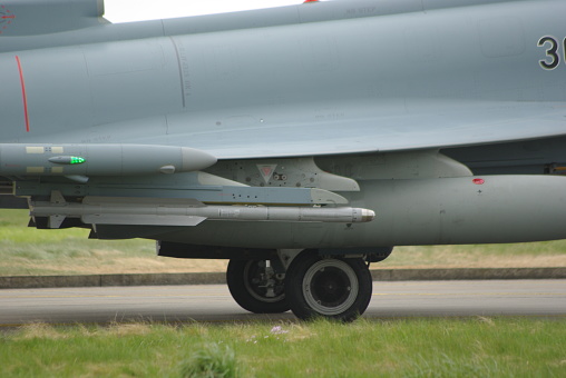 IRIS-T  medium range infrared homing air-to-air missile under the wing of a German air force Eurofighter Typhoon jet fighter at Leeuwarden air base 4 april 2023 the netherlands