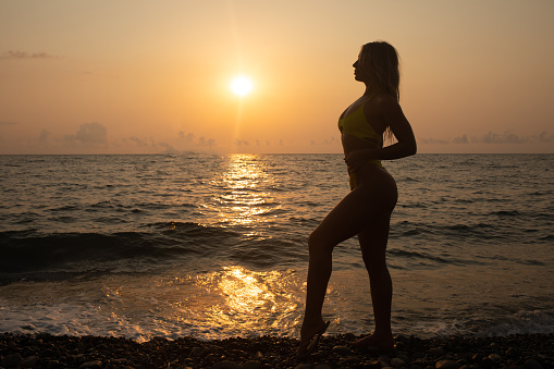 Profile of a sexy woman silhouette watching sun on the beach at sunset.