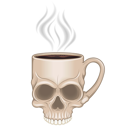 Illustration of skull shaped cup with hot coffee, hot drink in a human skull