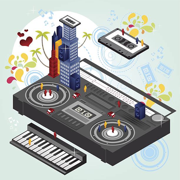 ilustrações de stock, clip art, desenhos animados e ícones de cidade de música vector boombox minibarra de ferramentas - group of people 1980s style image created 1980s exercising