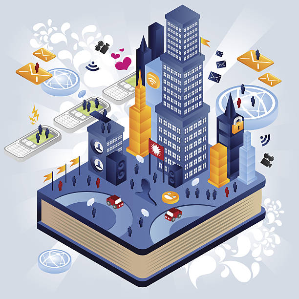 The city of book Over the book there is a huge and vibrant city, full of users, skyscrapers, cellphones and internet icons. Need some isometric characters and elements compatible with this illustration? Check out here. large envelope stock illustrations