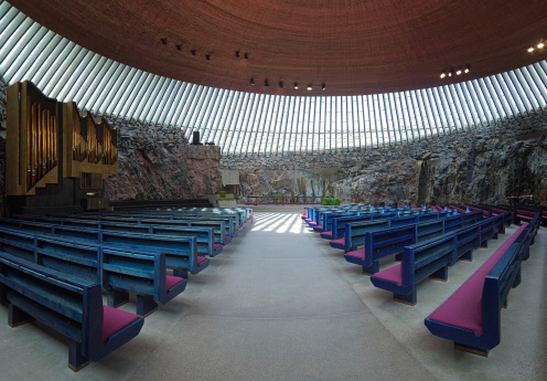 Interior of the Temppeliaukio Church (Church of the Rock) in Helsinki, Finland