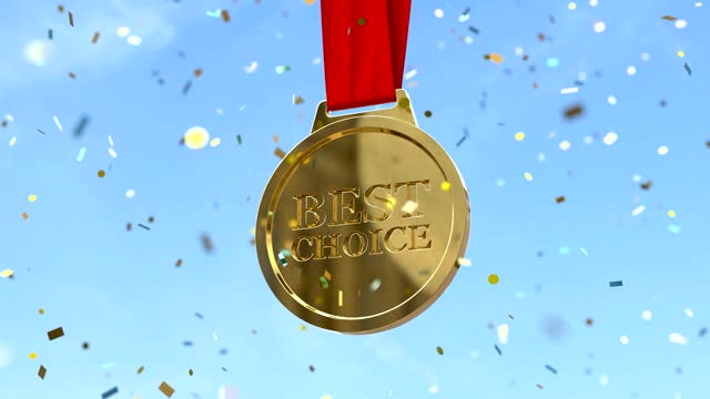 Looping video of Best choice golden medal with falling golden confetti