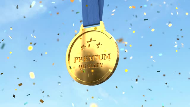 Premium Quality golden medal with falling golden confetti