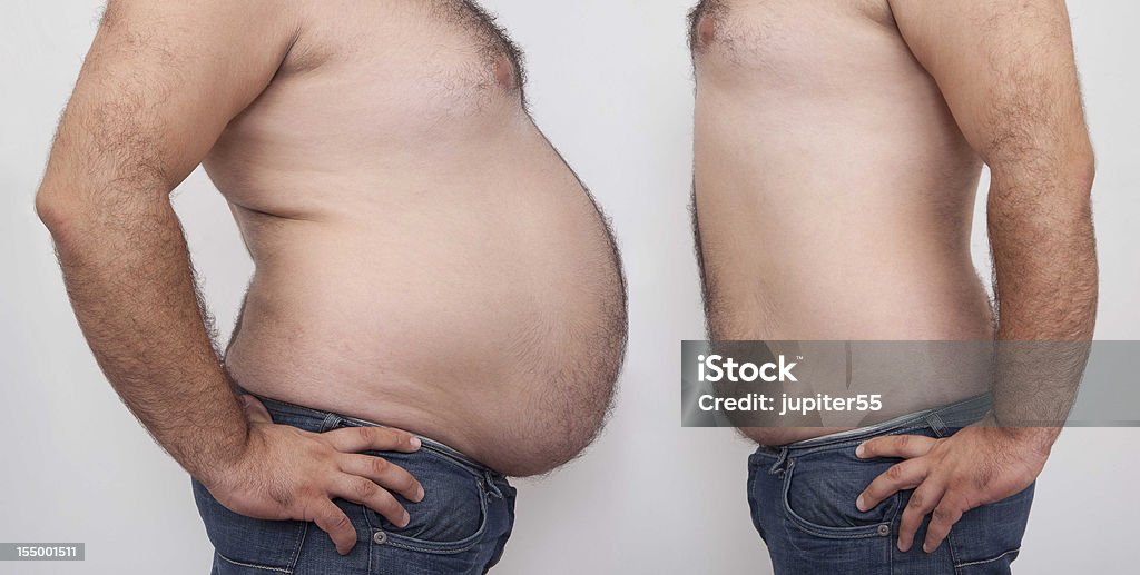 Fat and slim man Fat and slim man opposite each other on gray  background - before and after diet Before and After Stock Photo