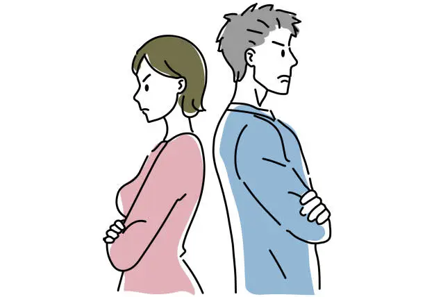 Vector illustration of a couple who quarrel back to back hand drawing illustration,