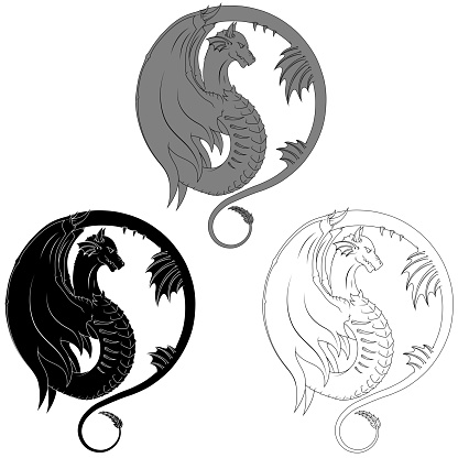 Winged western dragon silhouette vector design, white background