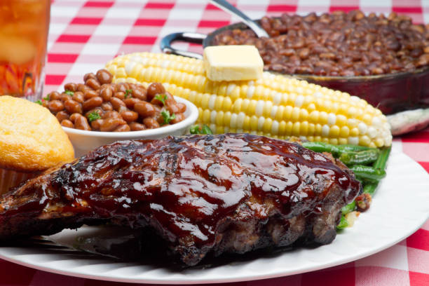 St Louis barbecue ribs with coleslaw and baked beans