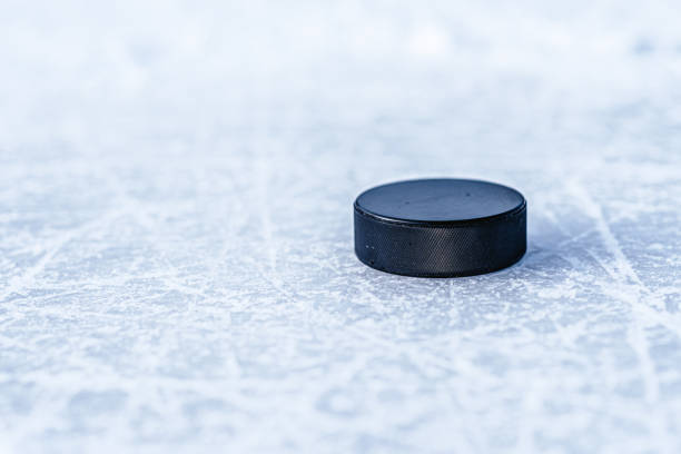 hockey puck lies on the snow close-up - ice hockey hockey puck playing shooting at goal imagens e fotografias de stock