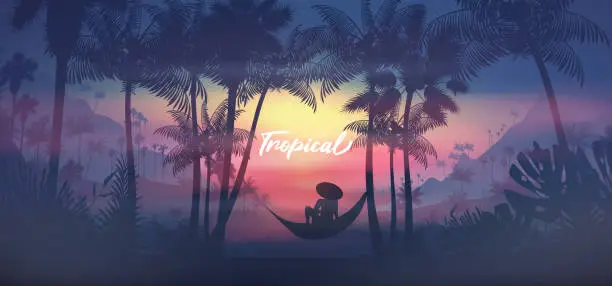 Vector illustration of Relaxing at sunset on a tropical beach with palms